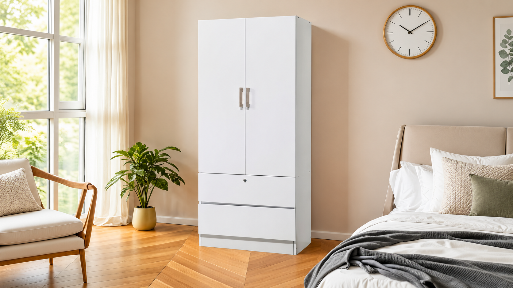 Tall white wardrobe in a warm bedroom